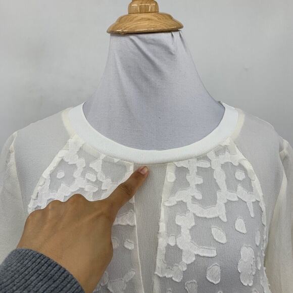 Rebecca Taylor Top Womens S Small Ivory Short Sleeve Semi Sheer Textured Blouse - Picture 3 of 12